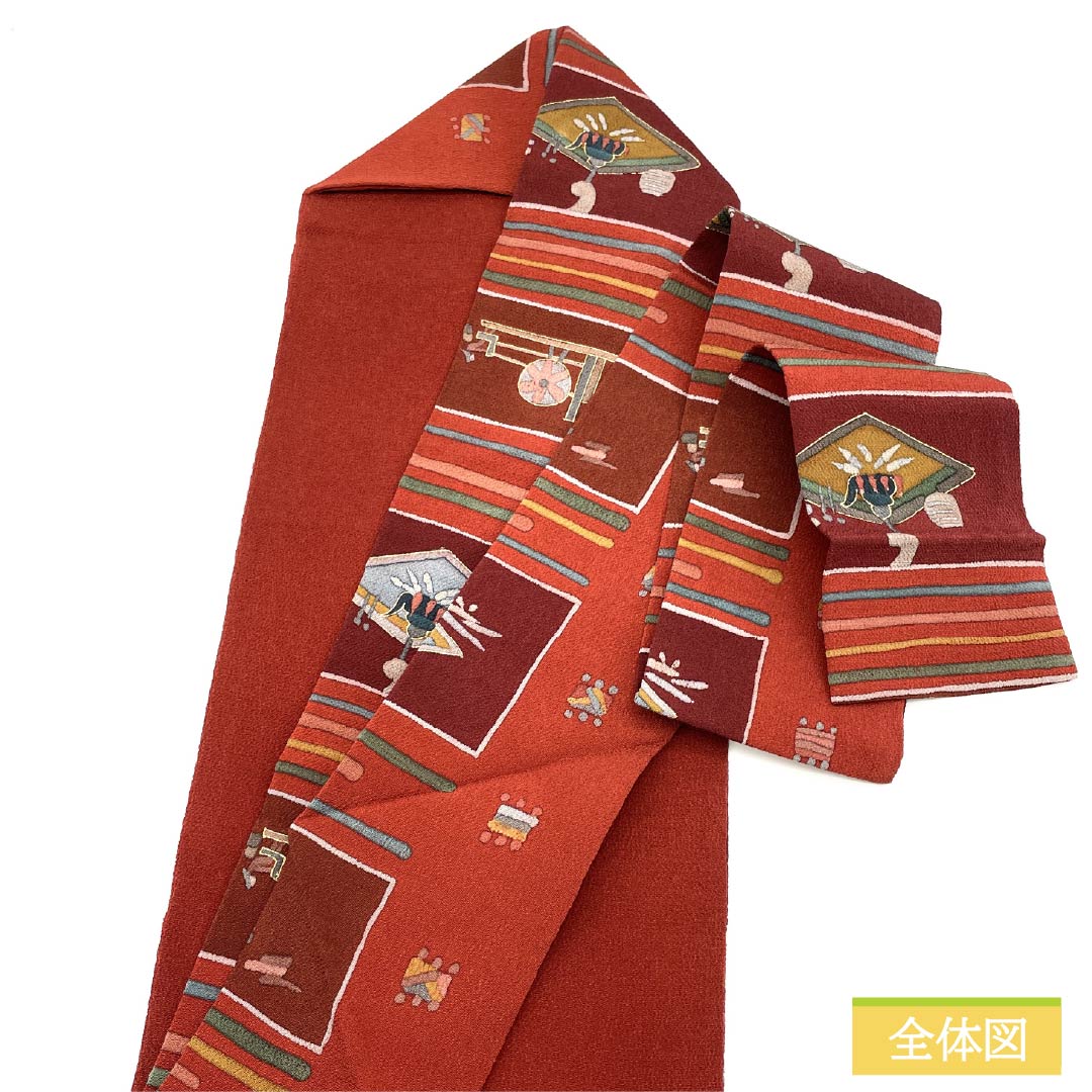 名古屋帯 正絹 Aランク 牛血紅色(ぎゅうけつこういろ) 型染 ふるさと 糸巻 帯丈362cm 全通 カジュアル 赤系 1124011563312 名古屋仕立て