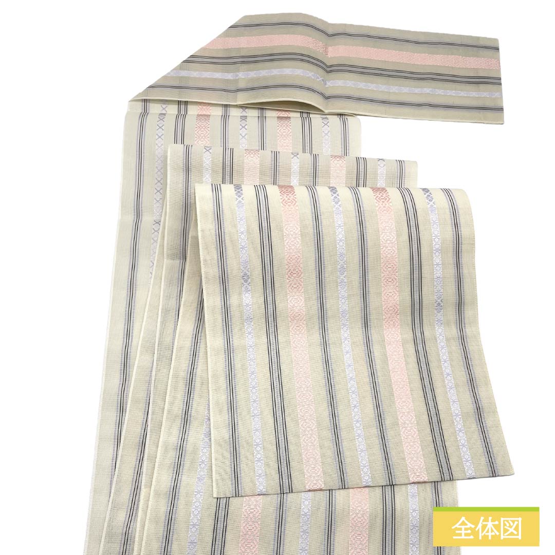 (新品)名古屋帯 正絹 NEWランク 松葉仕立て 練色(ねりいろ) 本場筑前博多織 八寸なごや帯 献上柄 帯丈361cm 全通 カジュアル ベージュ系 1124014201325