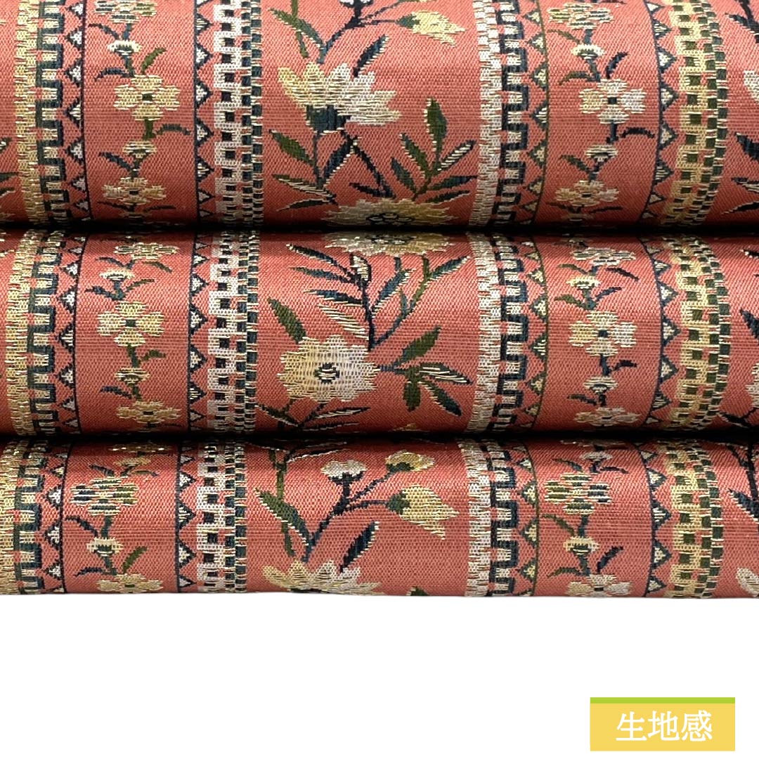 名古屋帯 正絹 Sランク 松葉仕立て 紅梅色(こうばいいろ) 縞 小花柄 帯丈330cm 全通 カジュアル ピンク系 1124012362313