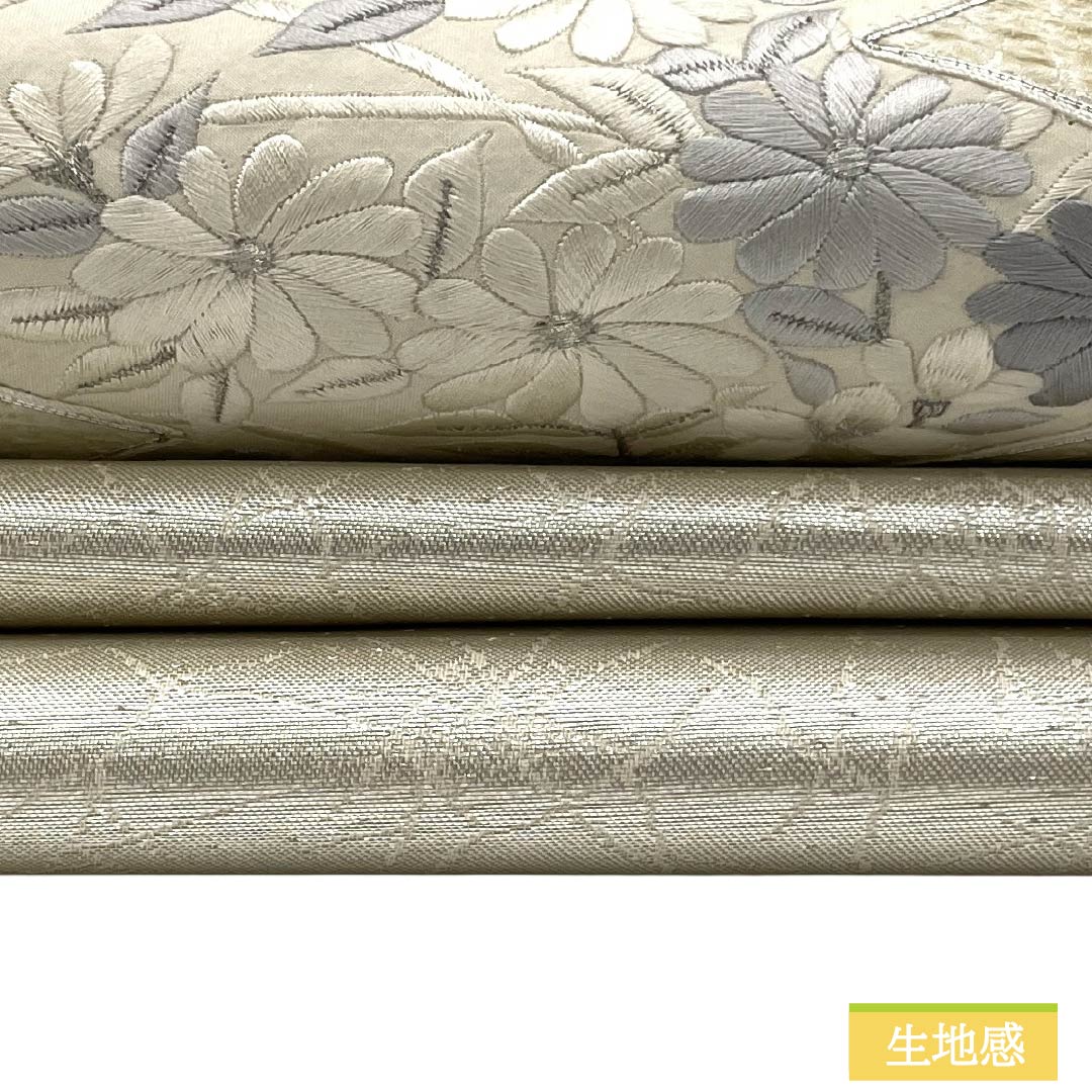 Nagoya obi, genuine silk, Rank A, Nagoya tailoring, silver, Suzhou embroidery, pine bark diamond, floral, obi length 343cm, partial pattern, semi-formal, silver family, 1124012293322