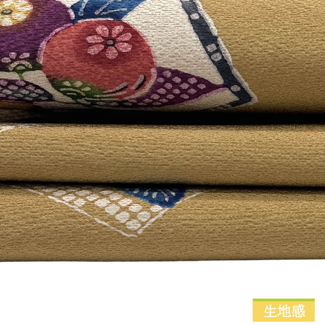 名古屋帯 正絹 Aランク 名古屋仕立て 胡桃色(くるみいろ) 型染 古典柄 野菜 帯丈362cm 全通 カジュアル ベージュ系 1124012123325