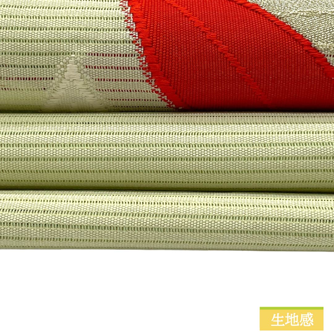 名古屋帯 正絹 Aランク 名古屋仕立て 若芽色(わかめいろ) 夏帯 古典柄 紅葉 帯丈334cm ポイント柄 セミフォーマル 緑系 1124013033319