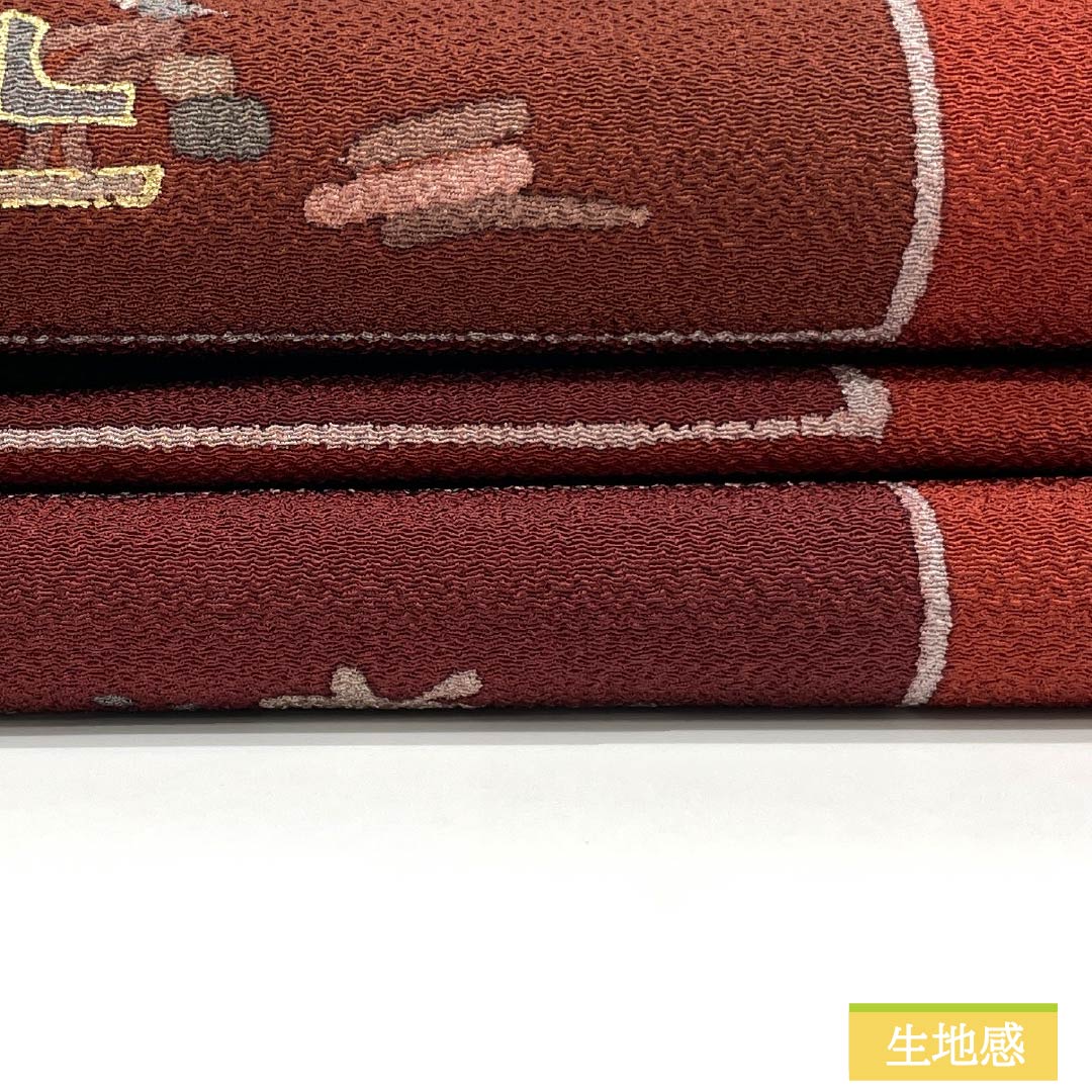 名古屋帯 正絹 Aランク 牛血紅色(ぎゅうけつこういろ) 型染 ふるさと 糸巻 帯丈362cm 全通 カジュアル 赤系 1124011563312 名古屋仕立て