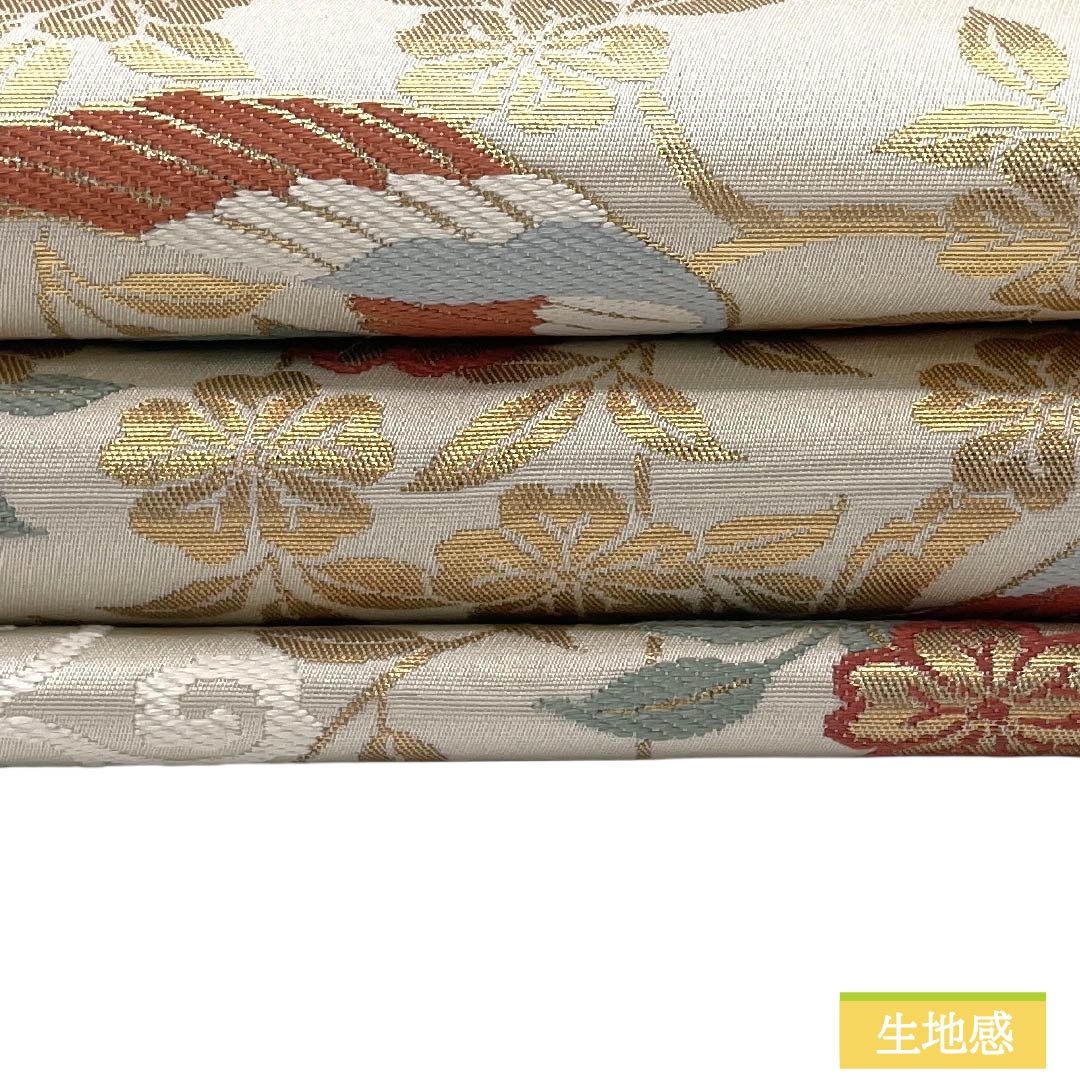 Nagoya obi, genuine silk, A-rank, Nagoya tailoring, milky white, Keicho pattern, classical pattern, obi length 358cm, six-panel, semi-formal, cream-colored, 1124011853315