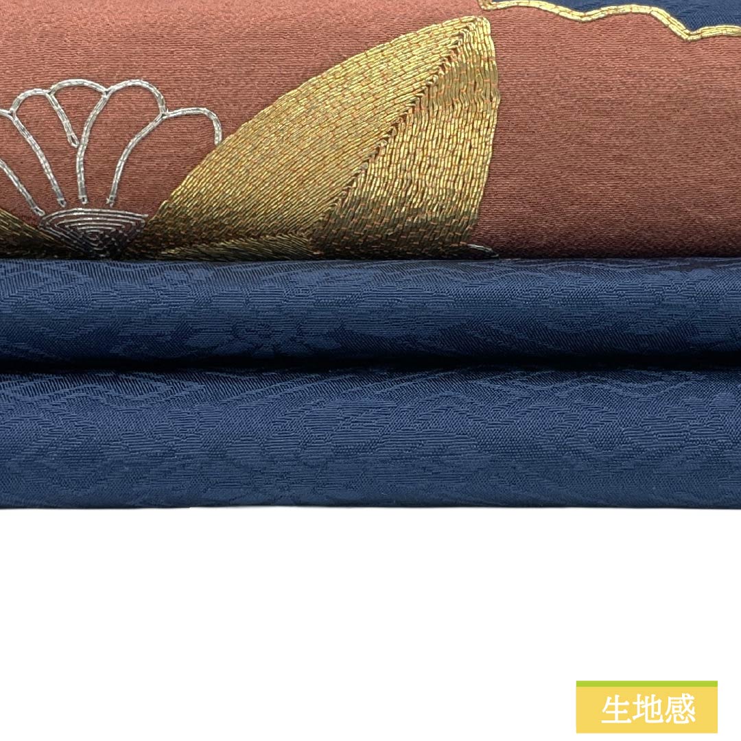 名古屋帯 正絹 Sランク 名古屋仕立て 韓藍色(からあいいろ) 抽象柄 紗綾形 金駒刺繡 帯丈348cm ポイント柄 セミフォーマル 紺系 1124012742318