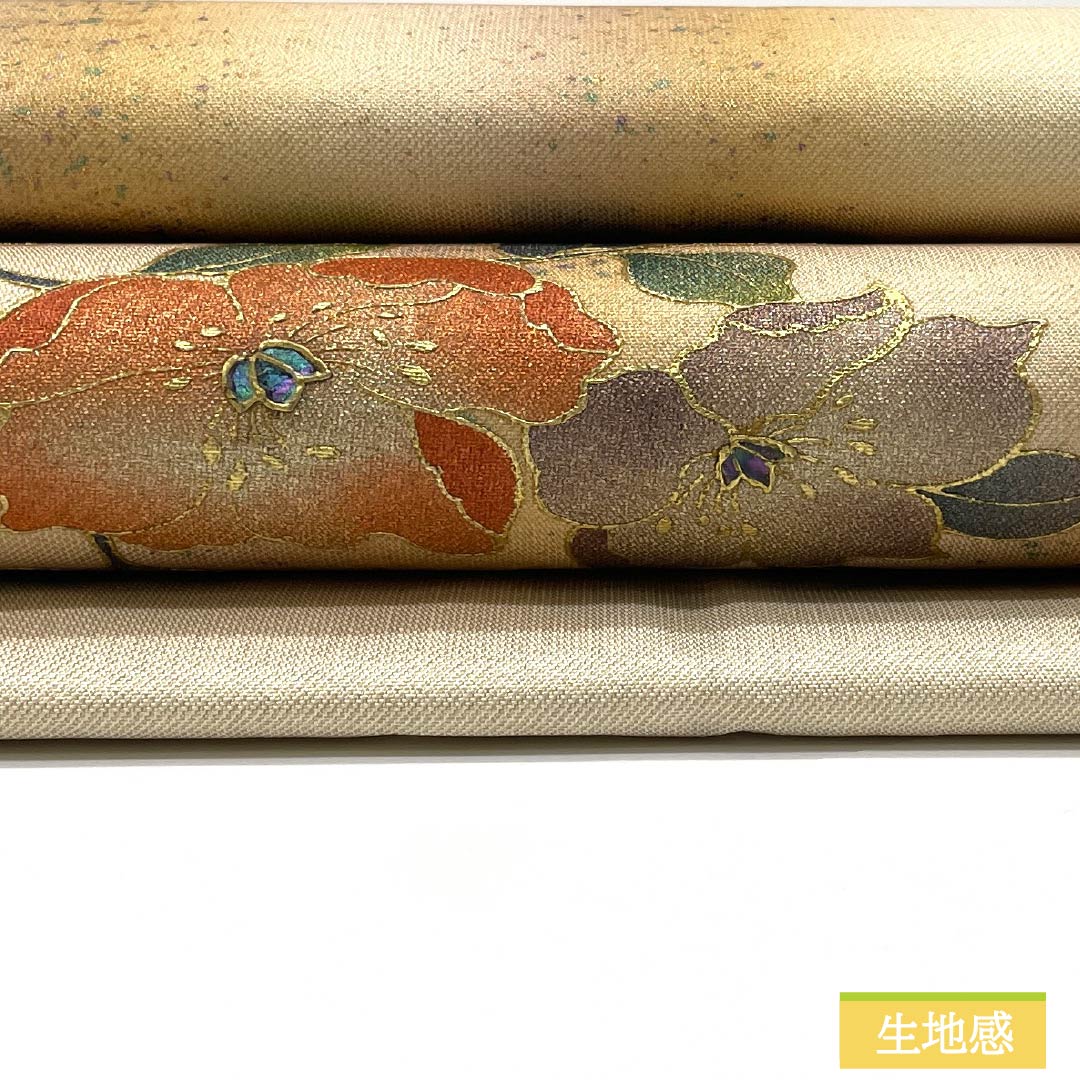 (京袋帯)名古屋帯 正絹 Aランク 金色 金彩加工 花柄 螺鈿 帯丈363cm ポイント柄 セミフォーマル 金系 1124011063321 名古屋仕立て