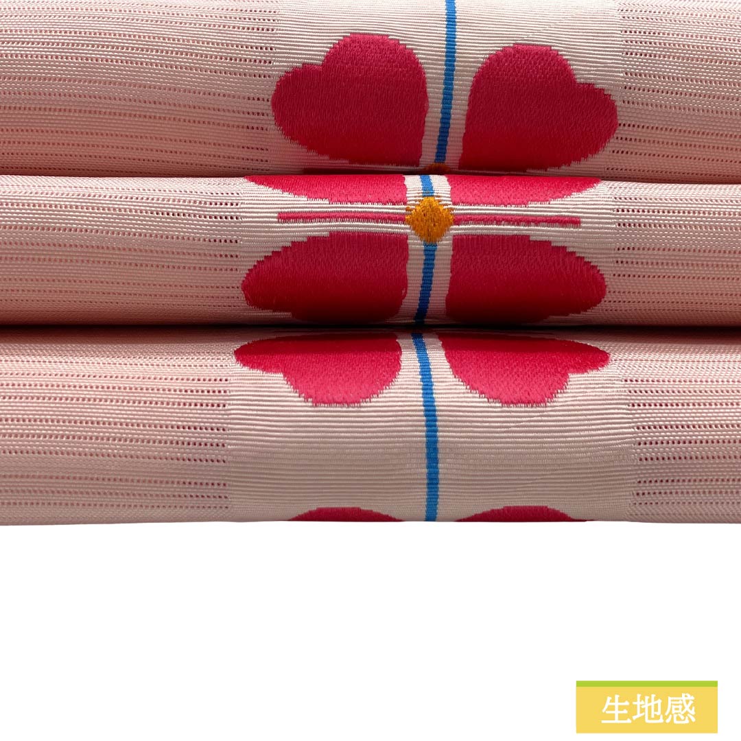 名古屋帯 ポリエステル Aランク 開き仕立て 曙色(あけぼのいろ) クローバー 夏帯 長尺 帯丈378cm 全通 カジュアル ピンク系 1124013233313
