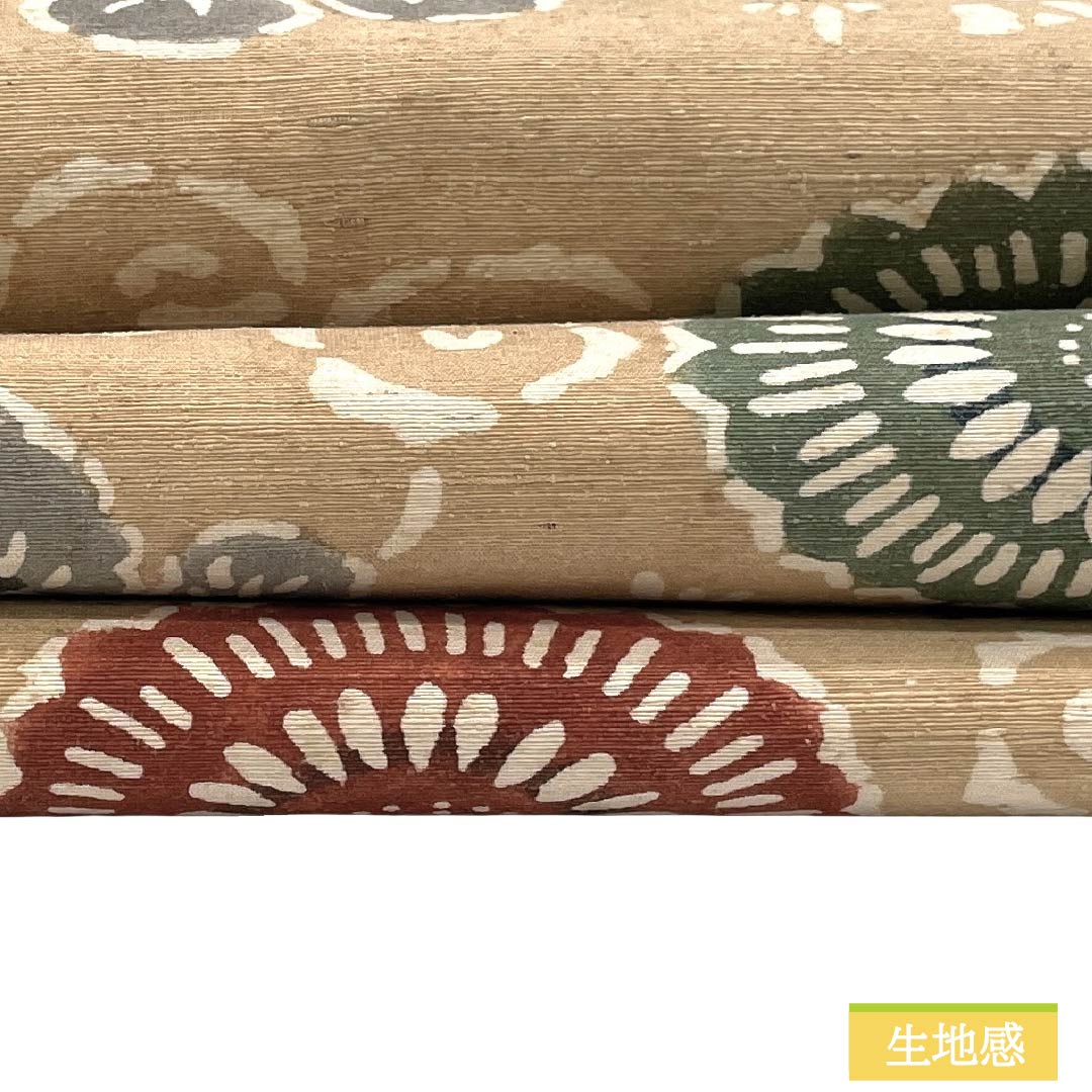 名古屋帯 正絹 Aランク 名古屋仕立て 山吹鼠色(やまぶきねずいろ) 型染 更紗模様 花柄 帯丈357cm 六通 カジュアル ベージュ系 1124012163325