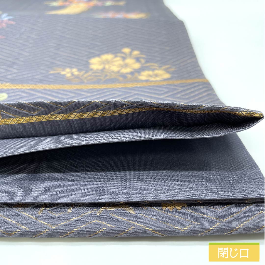 袋帯 正絹 鳩羽紫色(はとばむらさき)いろ 西陣織 秋草 藤 萩 帯丈424cm Sランク 六通 セミフォーマル 紫系 1123012902320