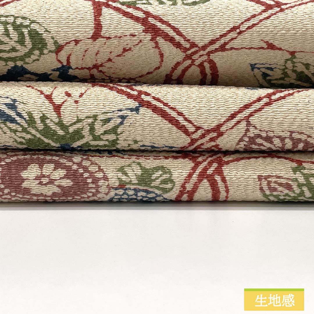 名古屋帯 正絹 Sランク 砥粉色(とのこいろ) 京紅型 立涌 植物模様 帯丈336cm 全通 カジュアル ベージュ系 1124011182325 名古屋仕立て
