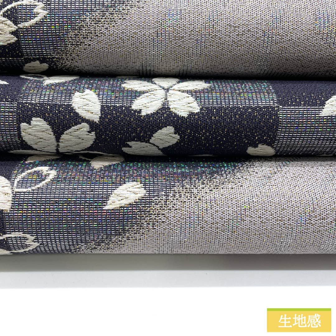 袋帯 正絹 藤煤竹色(ふじすすたけいろ) 西陣織 市松模様 桜 スーパー鈴ガード 帯丈442cm Sランク 六通 セミフォーマル 紫系 1123012972320