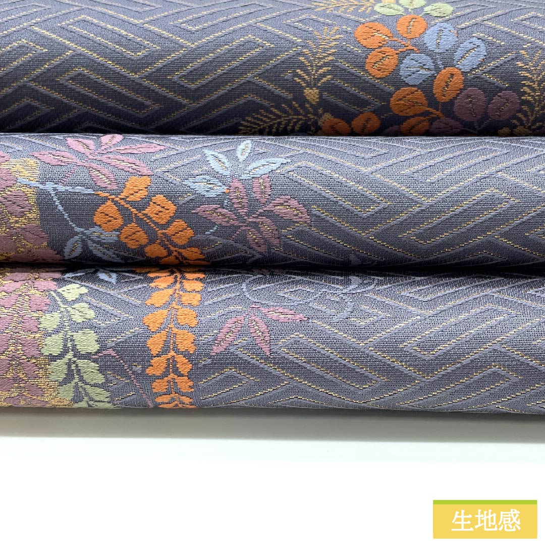 袋帯 正絹 鳩羽紫色(はとばむらさき)いろ 西陣織 秋草 藤 萩 帯丈424cm Sランク 六通 セミフォーマル 紫系 1123012902320