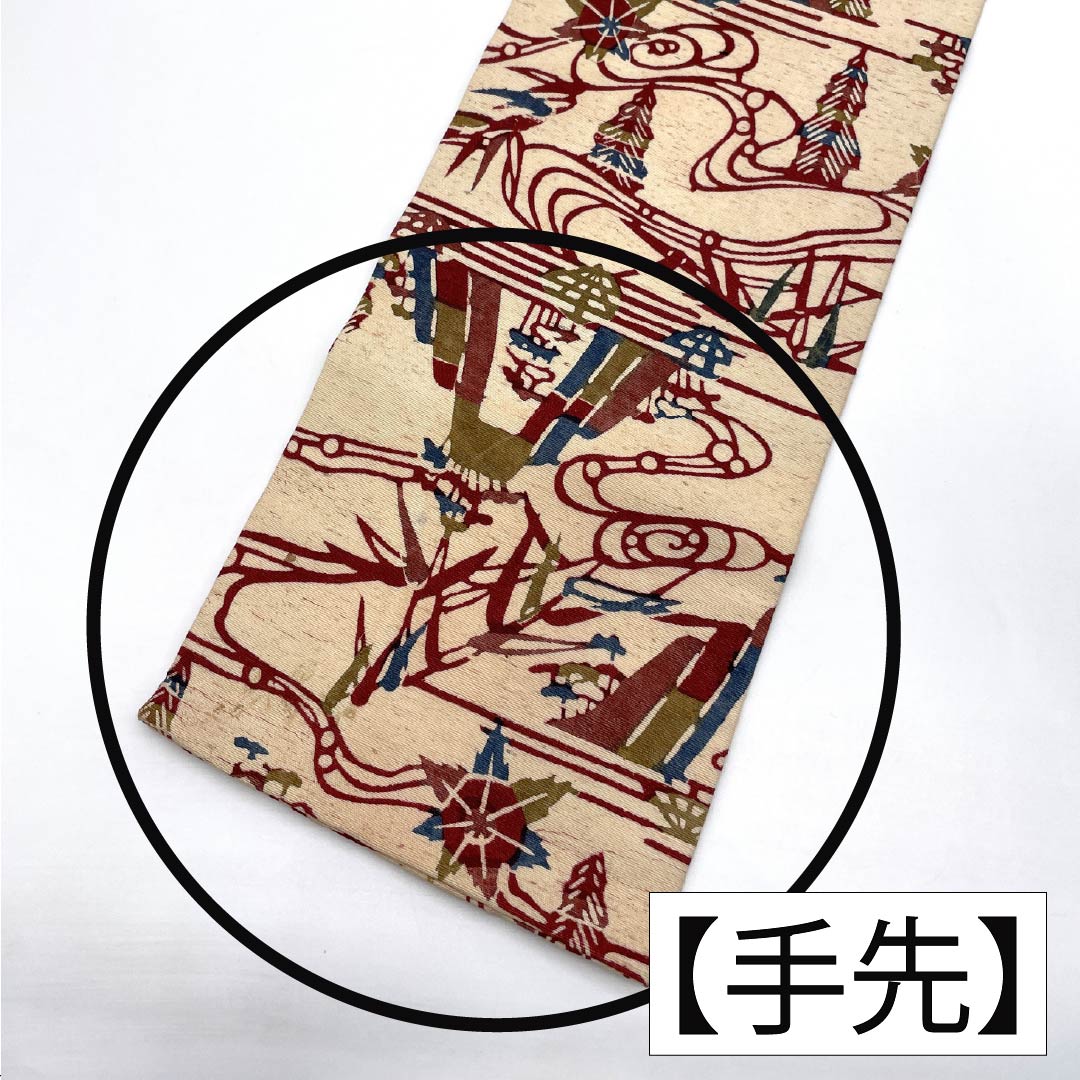 (京袋帯)名古屋帯 正絹 Aランク 練色(ねりいろ) 草木染 風景画 帯丈351cm ポイント柄 カジュアル ベージュ系 1124011113325 名古屋仕立て