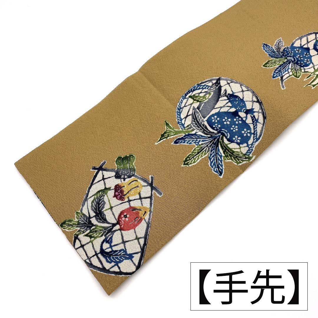 名古屋帯 正絹 Aランク 名古屋仕立て 胡桃色(くるみいろ) 型染 古典柄 野菜 帯丈362cm 全通 カジュアル ベージュ系 1124012123325