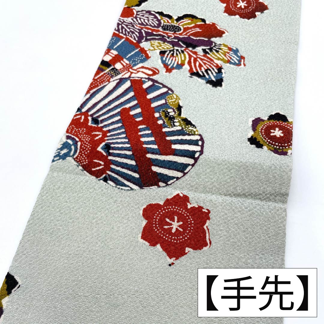名古屋帯 正絹 Aランク 青白磁色(せいはくじいろ) 型染 扇 花 帯丈350cm 全通 カジュアル 水色系 1124011573324 名古屋仕立て