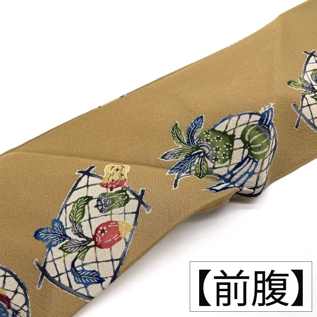 名古屋帯 正絹 Aランク 名古屋仕立て 胡桃色(くるみいろ) 型染 古典柄 野菜 帯丈362cm 全通 カジュアル ベージュ系 1124012123325