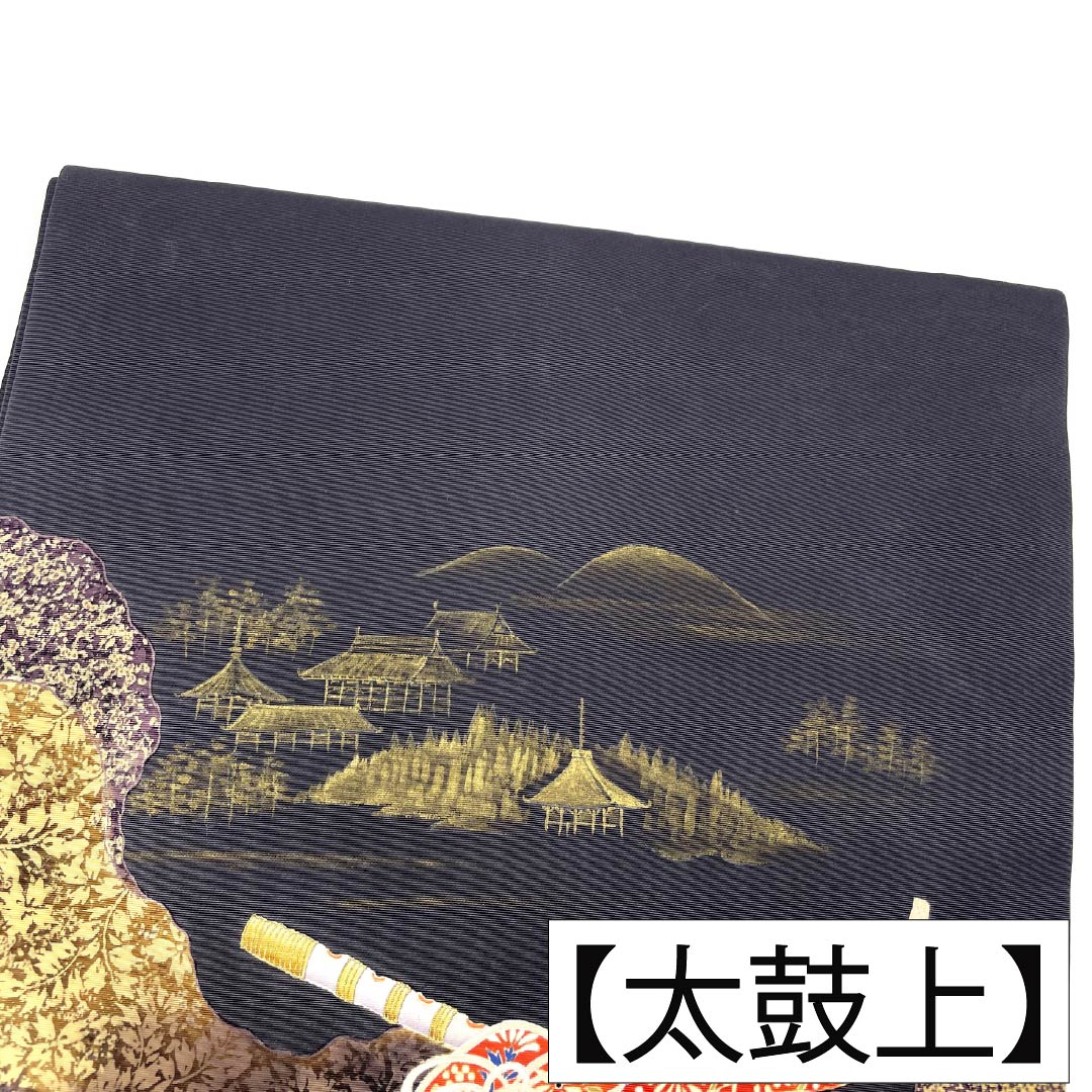 名古屋帯 正絹 Aランク 名古屋仕立て 黒鼠色(くろねずいろ) 古典柄 塩瀬 和楽器 帯丈370cm ポイント柄 セミフォーマル 黒系 1124012573310