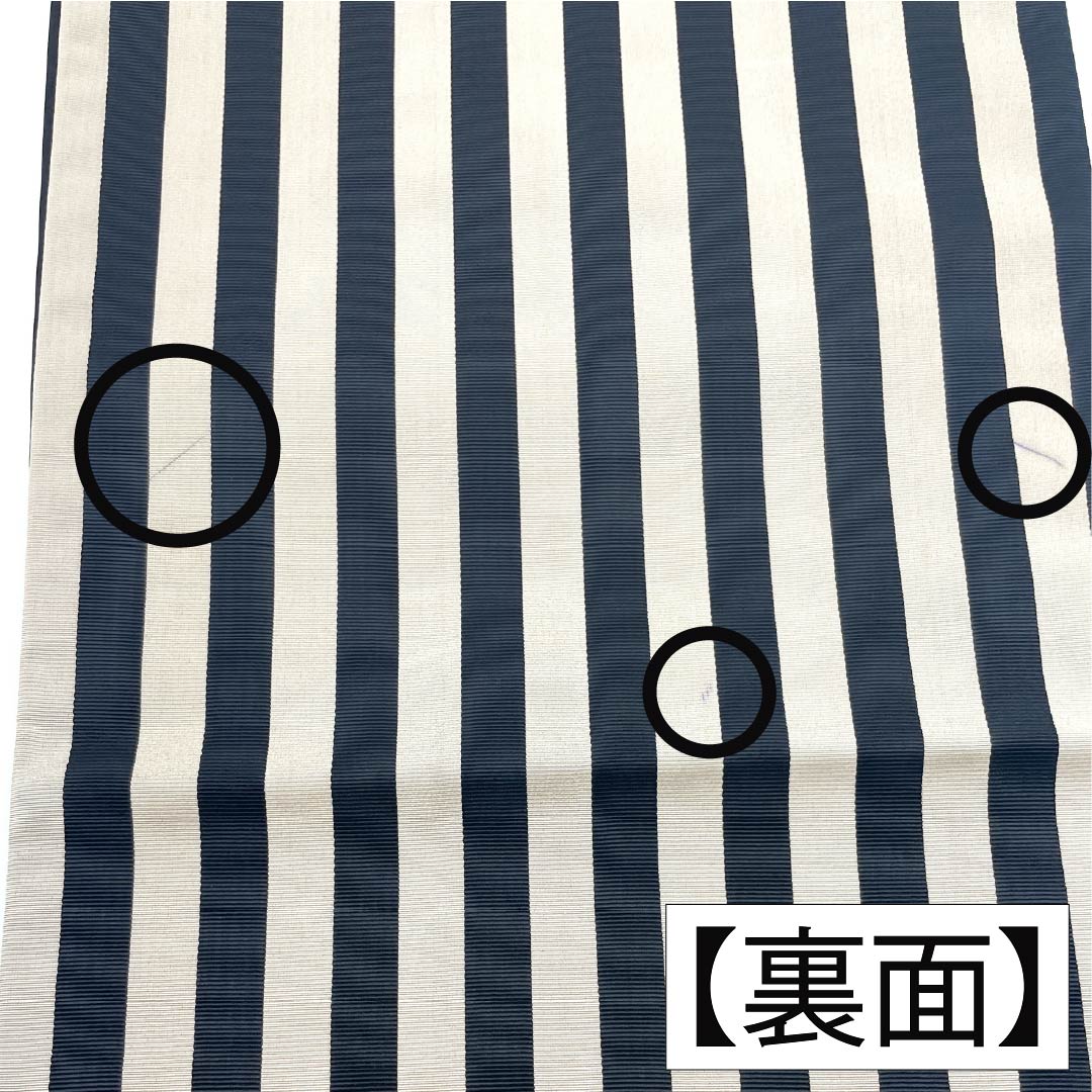 名古屋帯 ポリエステル Aランク 開き仕立て 撫松庵 リバーシブル 水玉 縞 帯丈384cm 全通 カジュアル 黒系 1124013693410