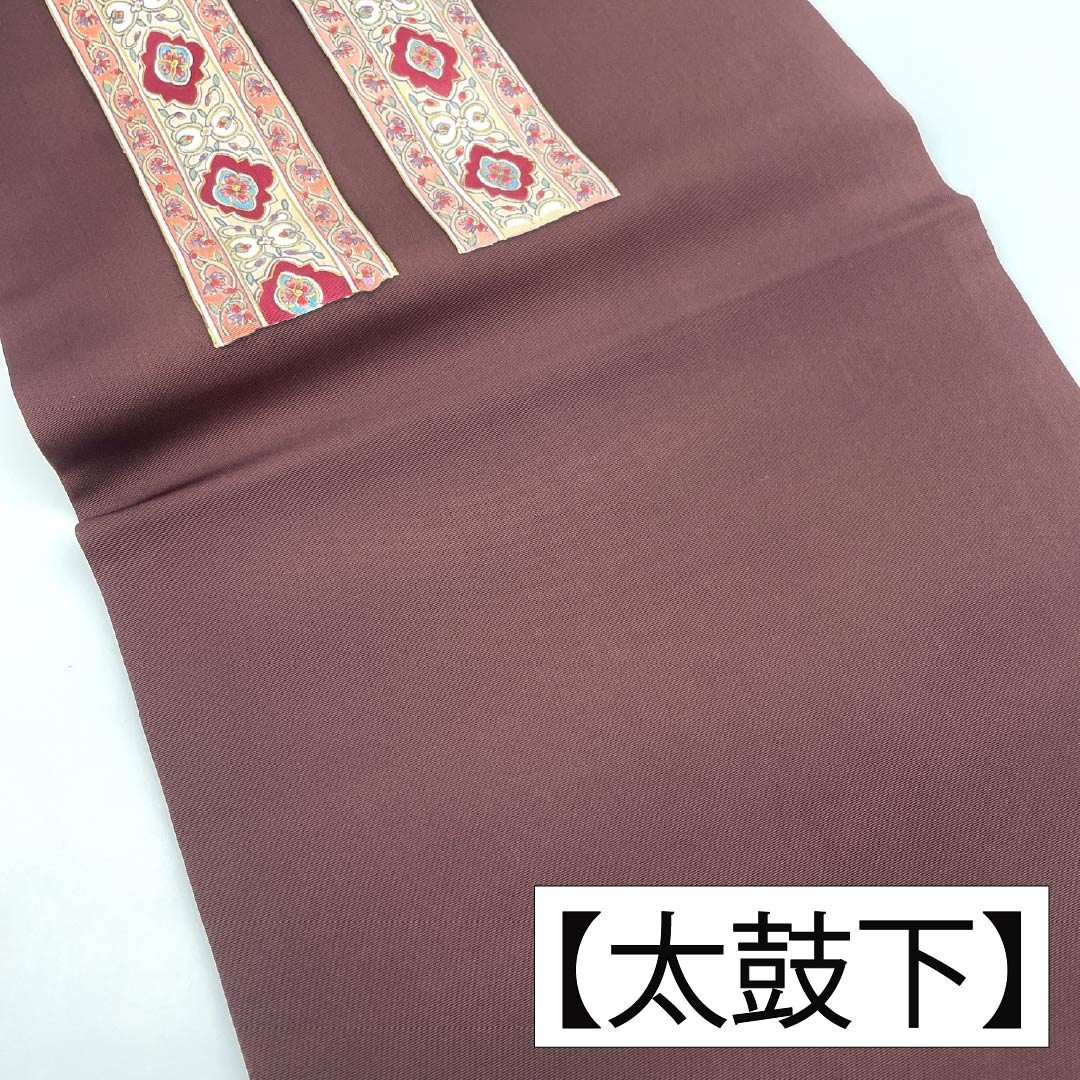 名古屋帯 正絹 Aランク 名古屋仕立て 黒紅梅(くろこうばい) 染め帯 塩瀬 更紗 帯丈379cm ポイント柄 セミフォーマル 茶系 1124012073314