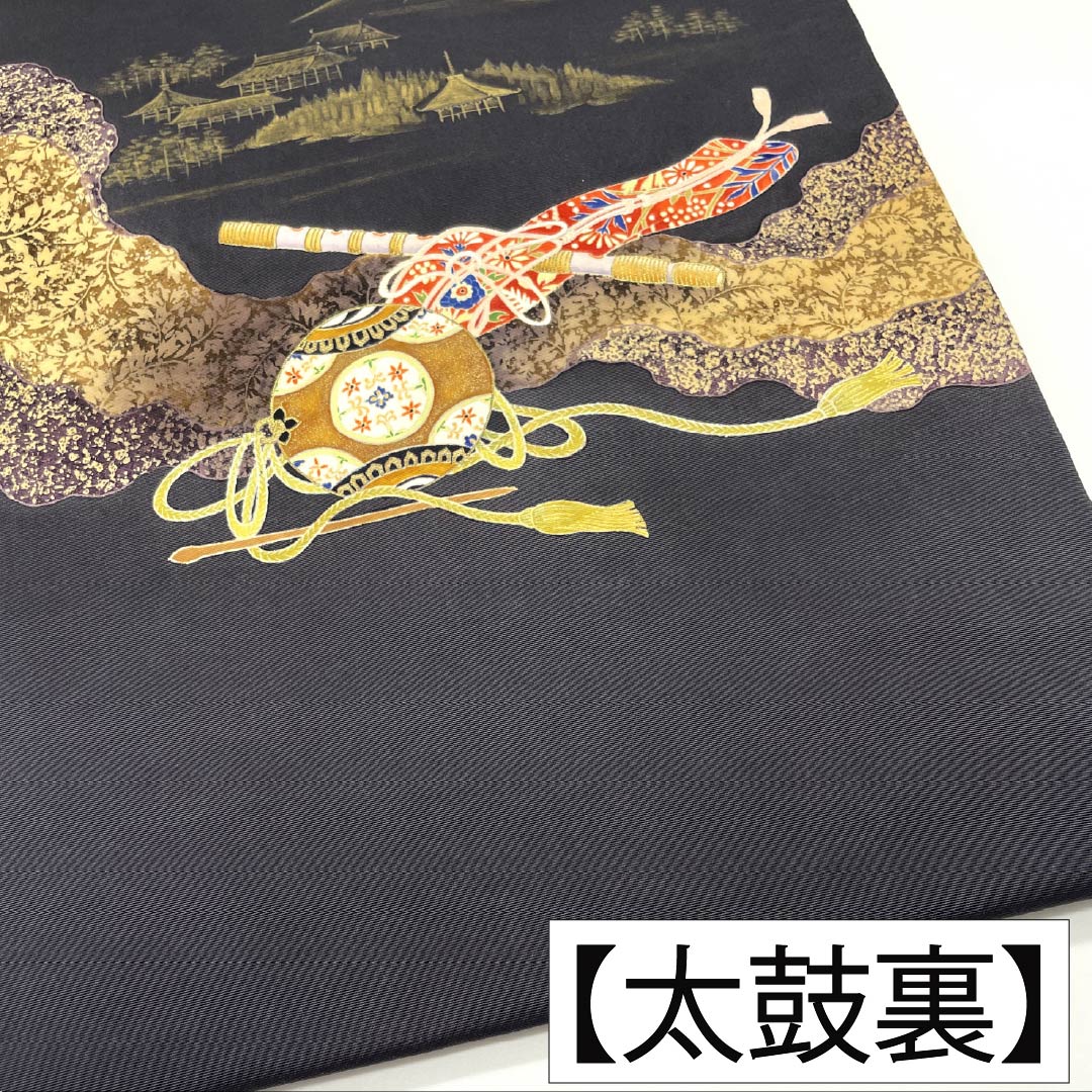 名古屋帯 正絹 Aランク 名古屋仕立て 黒鼠色(くろねずいろ) 古典柄 塩瀬 和楽器 帯丈370cm ポイント柄 セミフォーマル 黒系 1124012573310