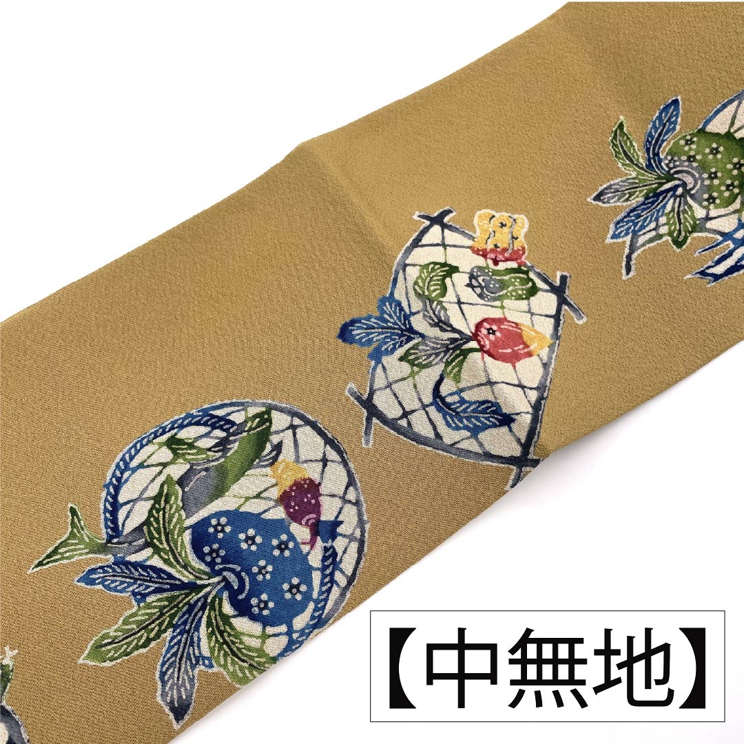 名古屋帯 正絹 Aランク 名古屋仕立て 胡桃色(くるみいろ) 型染 古典柄 野菜 帯丈362cm 全通 カジュアル ベージュ系 1124012123325