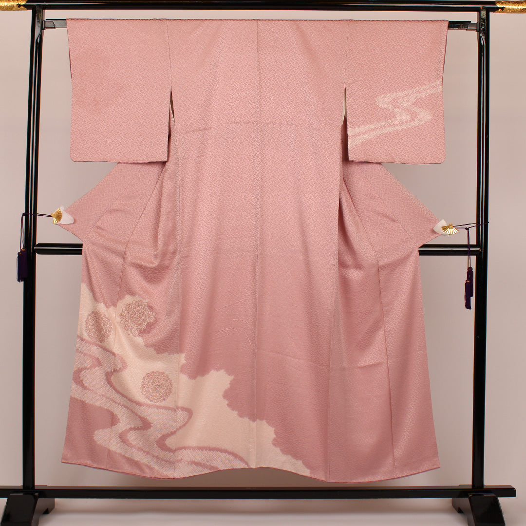 訪問着 身丈152cm 裄丈63cm 流水に鏡文 正絹 絞り 袷 Aランク 紫系 1112000223220