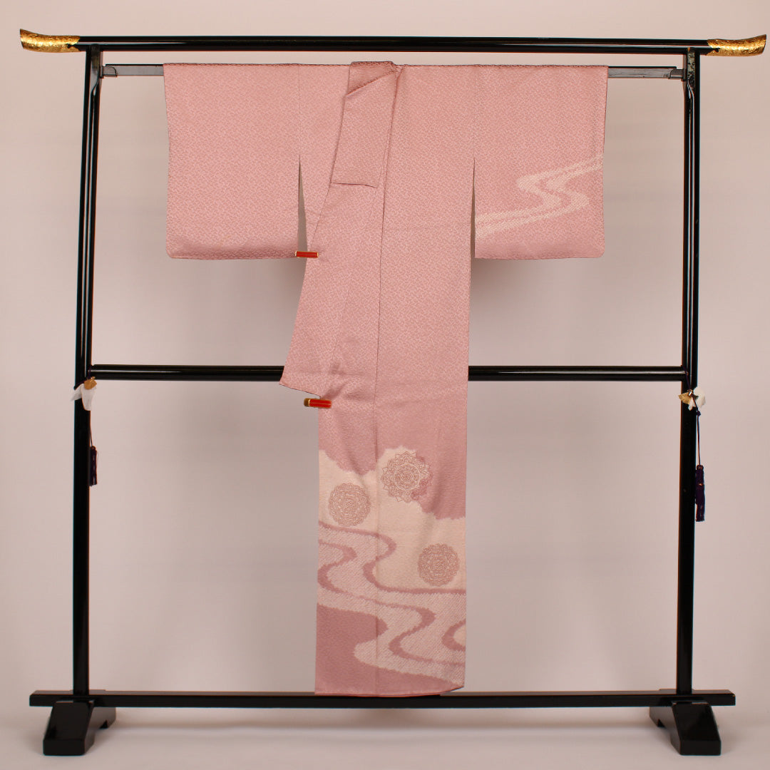 訪問着 身丈152cm 裄丈63cm 流水に鏡文 正絹 絞り 袷 Aランク 紫系 1112000223220