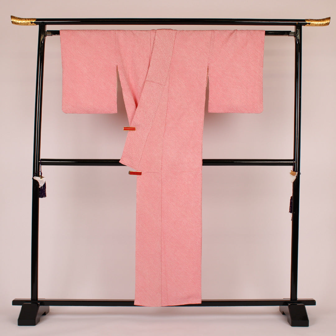 総絞り小紋 鹿の子柄 正絹 Aランク 袷 身丈155.5cm 裄丈62cm ピンク 1115000023313