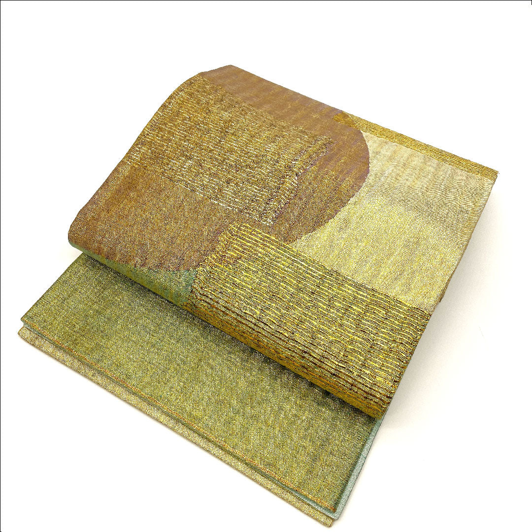 袋帯 幾何学模様 前腹無地 帯丈442cm 正絹 Aランク ポイント柄 フォーマル 金系 1123001963321