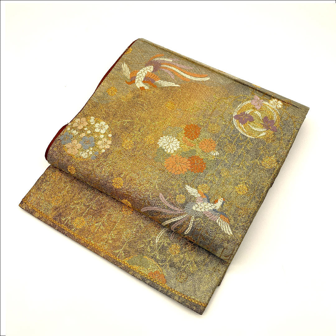 袋帯 尾長鳥 花 帯丈423cm 正絹 Sランク 六通 フォーマル 金系 1123002232321