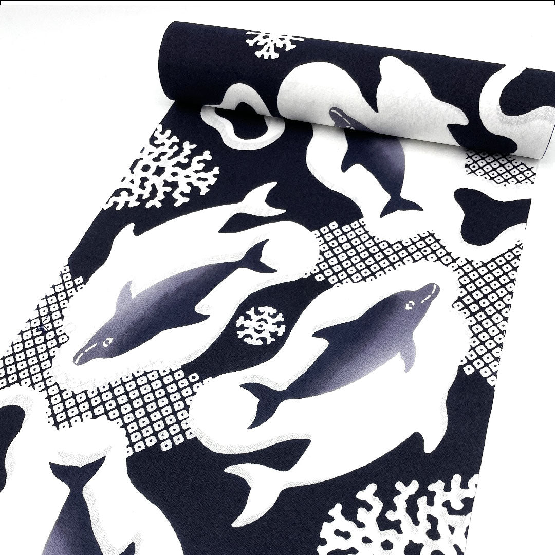 (新品)浴衣 CalenBlosso イルカ模様 反物 木綿 NEWランク 紺系 1118000391118