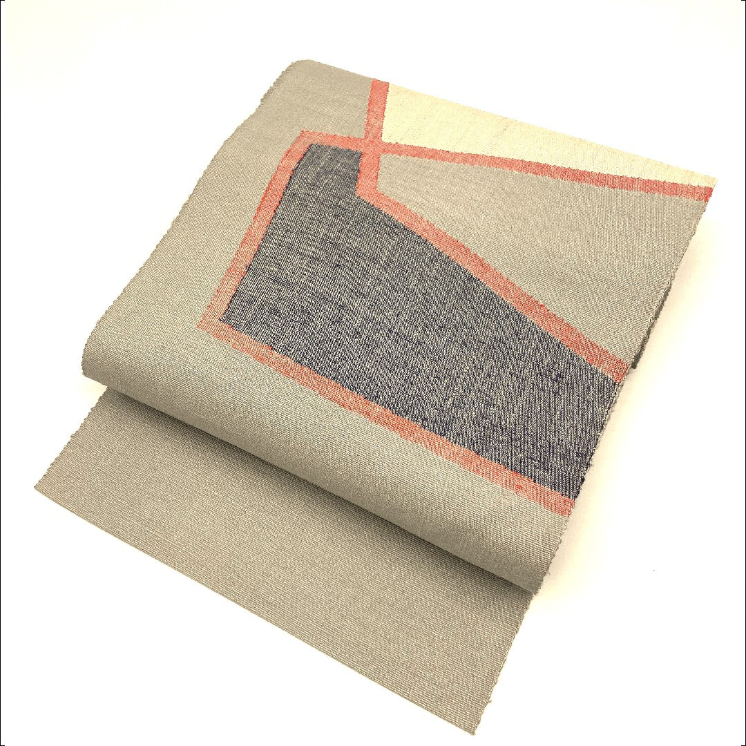 名古屋帯 手織り紬 抽象模様 帯丈377cm 正絹 Sランク ポイント柄 カジュアル グレー系 1124000292322 松葉仕立て