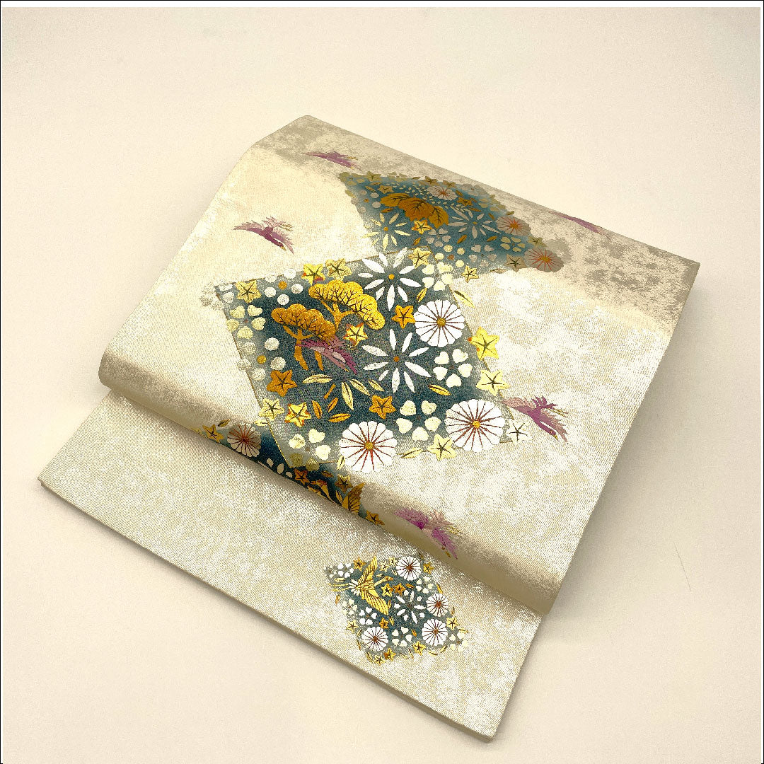 袋帯 菱 吉祥文様 鶴 帯丈432cm 正絹 Aランク ポイント柄 フォーマル 白系 1123002413311