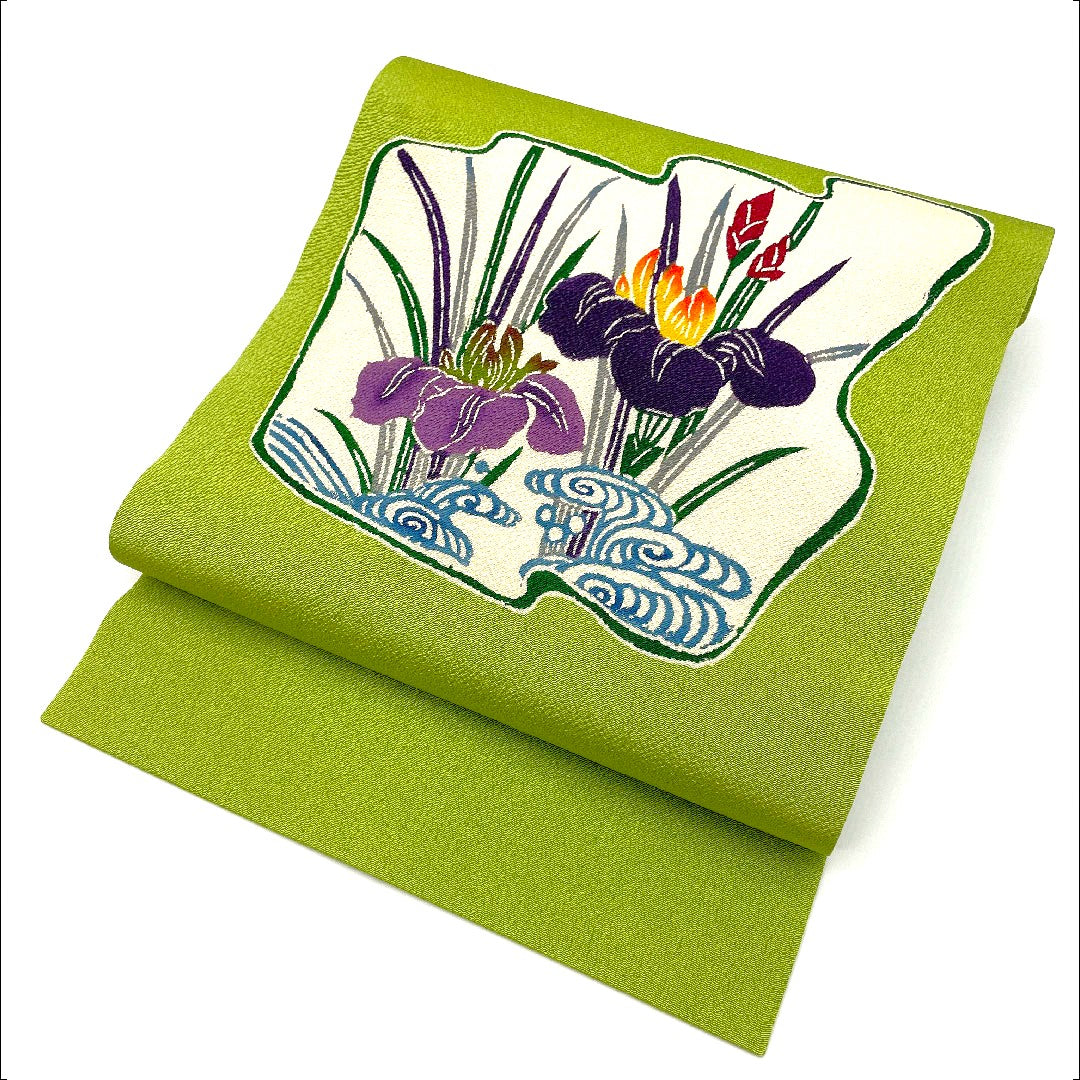 名古屋帯 縮緬地 荒波 菖蒲 帯丈372.5cm 正絹 Sランク ポイント柄 カジュアル 緑系 1124000262319 名古屋仕立て