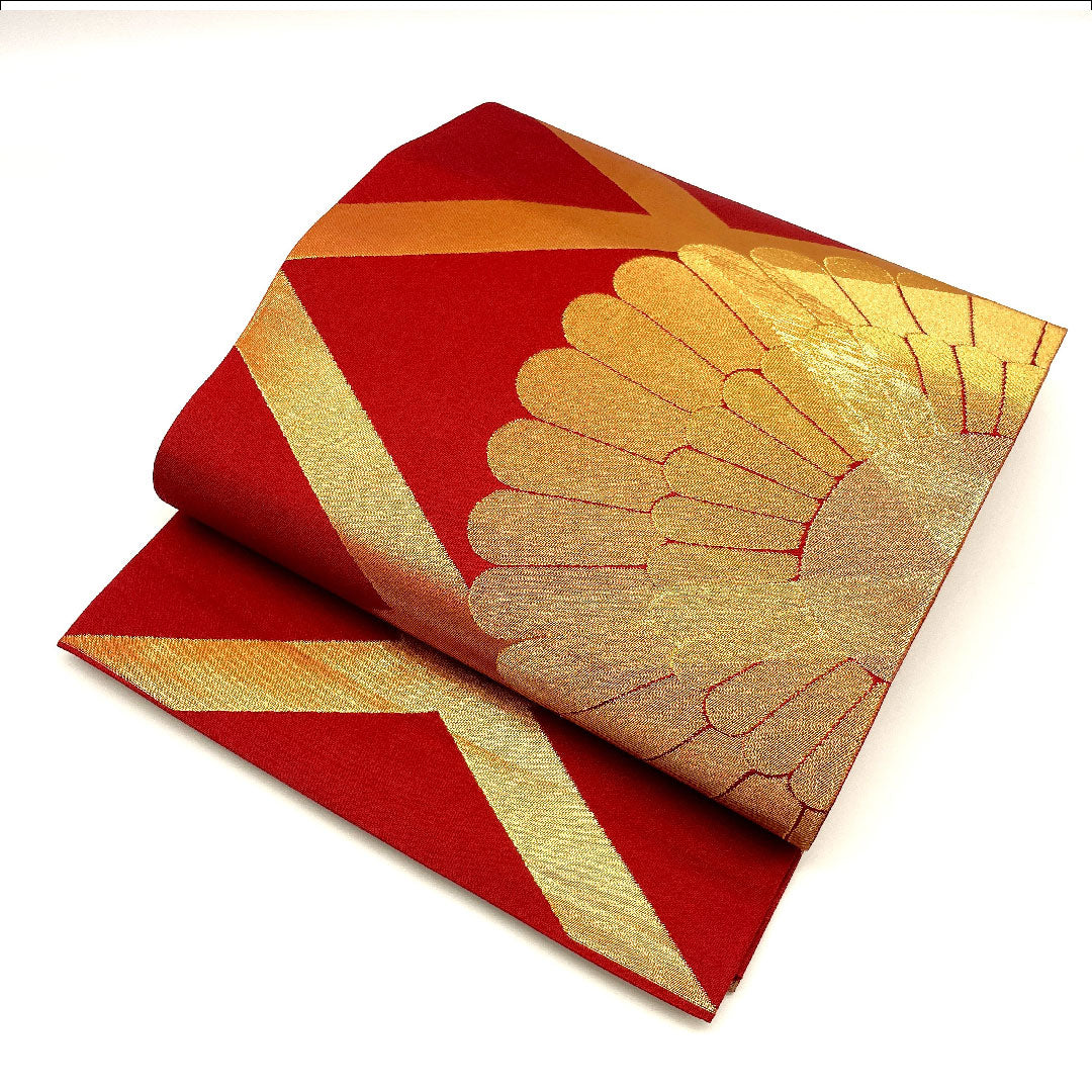 袋帯 菱 花 三風魯 帯丈445cm 正絹 Sランク 全通 フォーマル 赤系 1123002092312