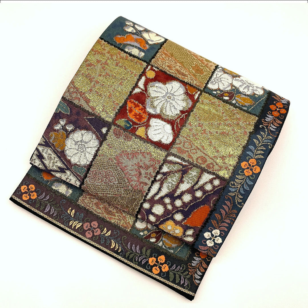 袋帯 辻ヶ花 葵 菱 市松 帯丈422cm 正絹 Sランク 六通 セミフォーマル 金系 1123001532321