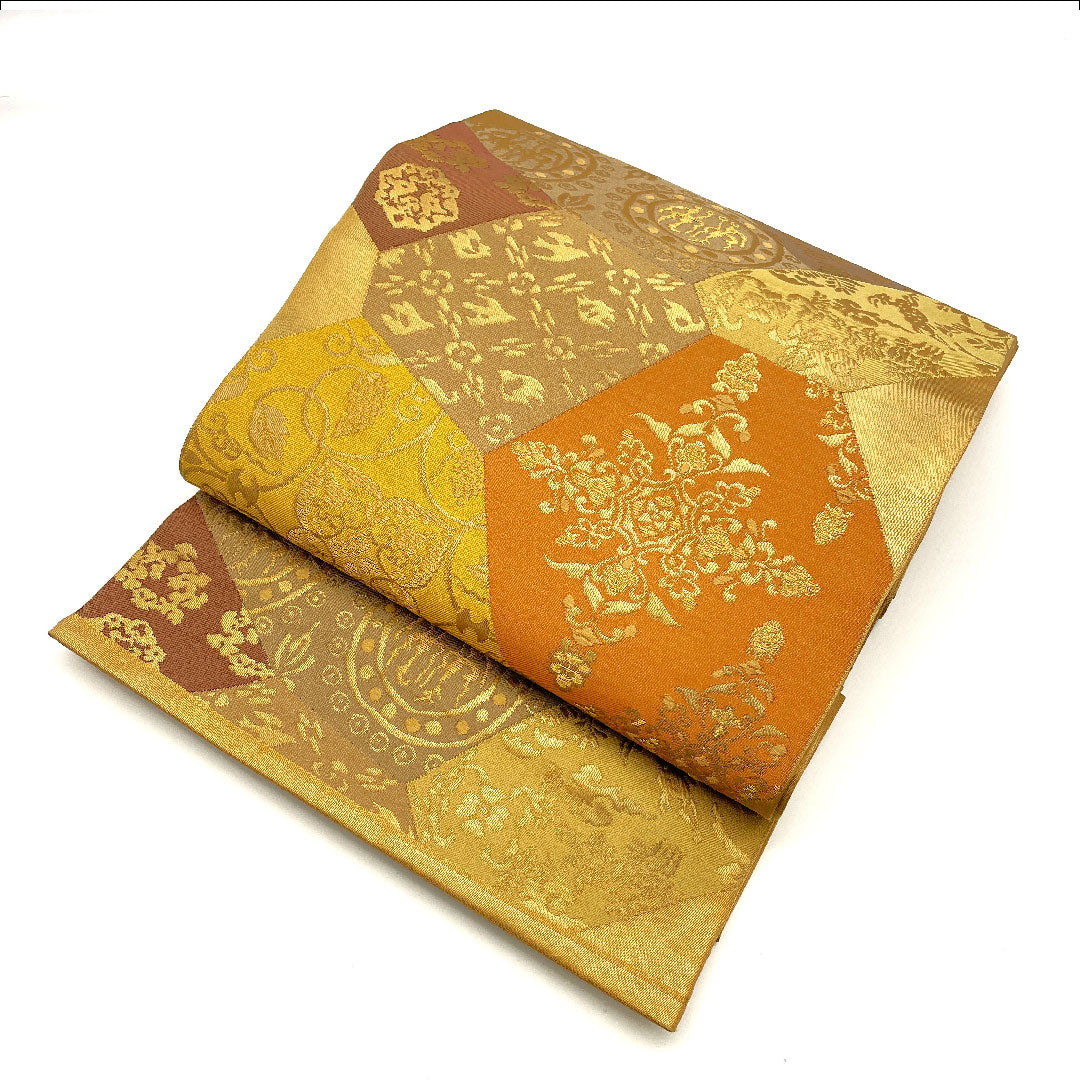 袋帯 変わり亀甲 帯丈443cm 正絹 Aランク 全通 セミフォーマル 茶系 1123002193314