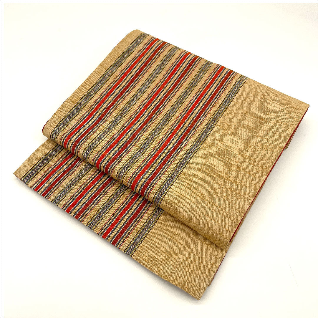 (未仕立)名古屋帯 縞模様 帯丈352cm 正絹 Sランク 全通 カジュアル 茶系 1124001132314 開き仕立て