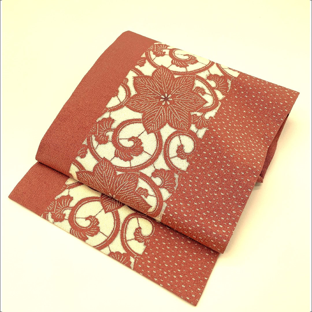 名古屋帯 花唐草 型染 縞 縮緬地 帯丈371cm 正絹 Sランク 全通 カジュアル ピンク系 1124000252313 名古屋仕立て