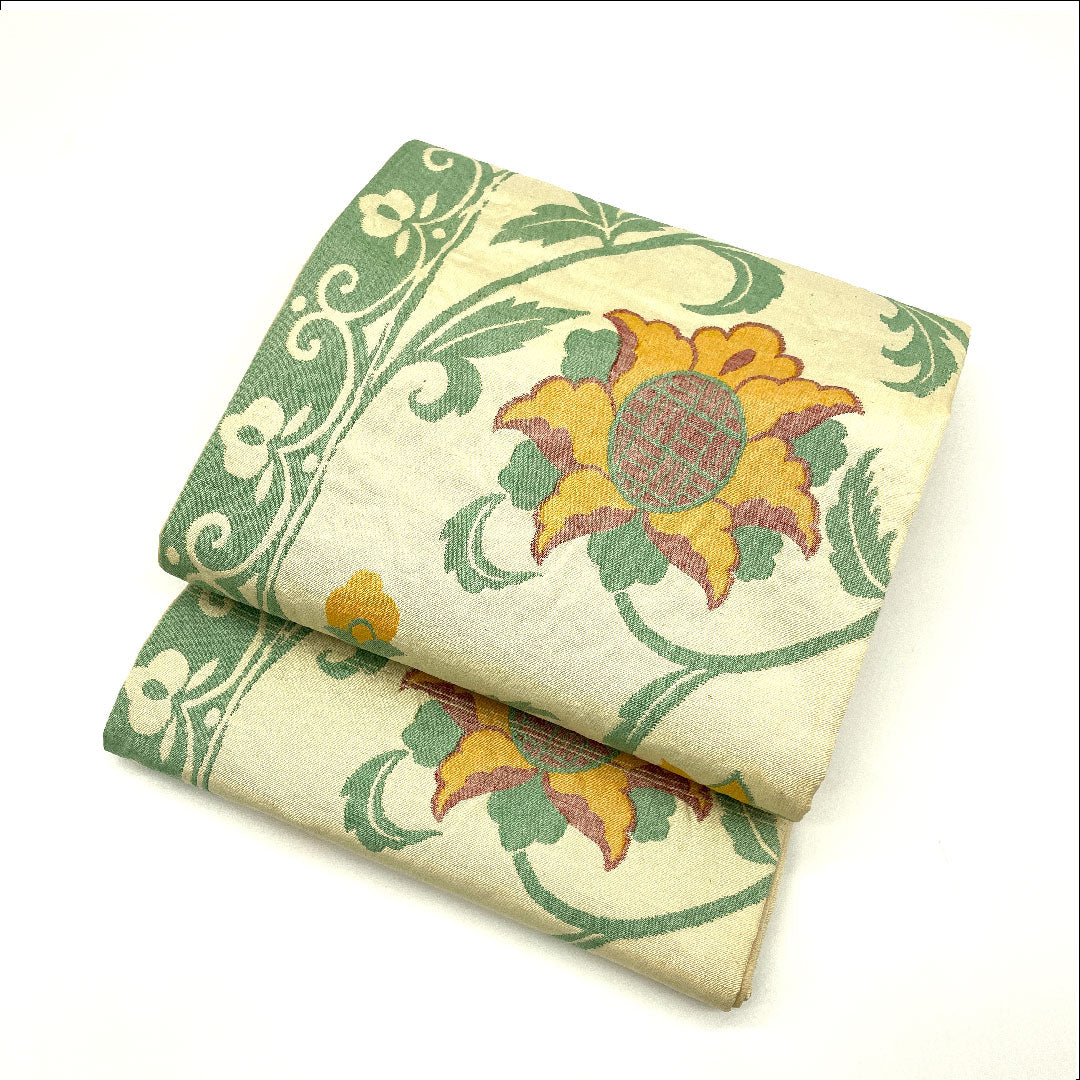 (未仕立)袋帯 単衣 唐花模様 帯丈412cm 正絹 Sランク 六通 カジュアル クリーム系 1123003272315