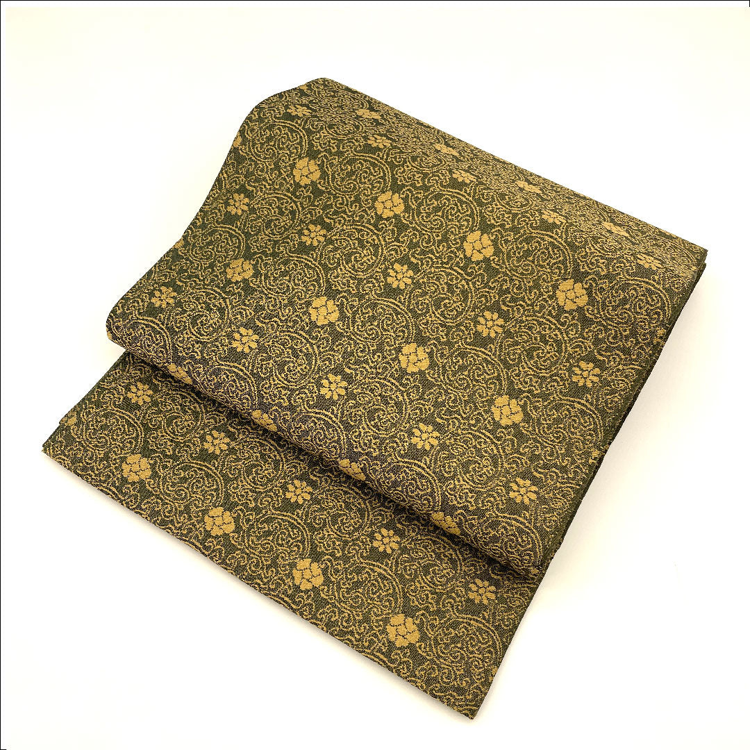 袋帯 龍村製 本袋 定家緞子 帯丈408cm 正絹 Sランク 全通 カジュアル 緑系 1123002282319