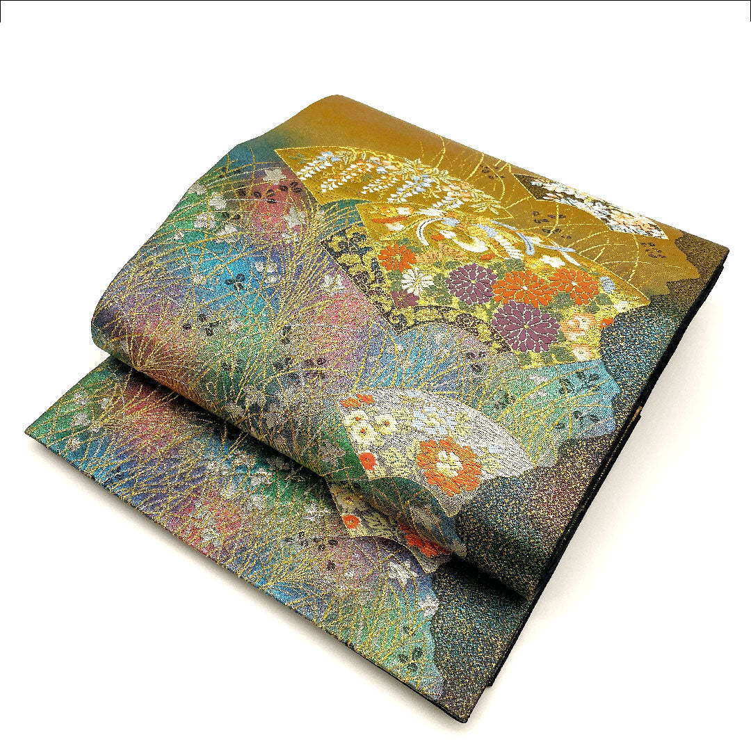 袋帯 松竹梅 四季の花 カラフル 帯丈441cm 正絹 Sランク 六通 フォーマル 金系 1123001972321