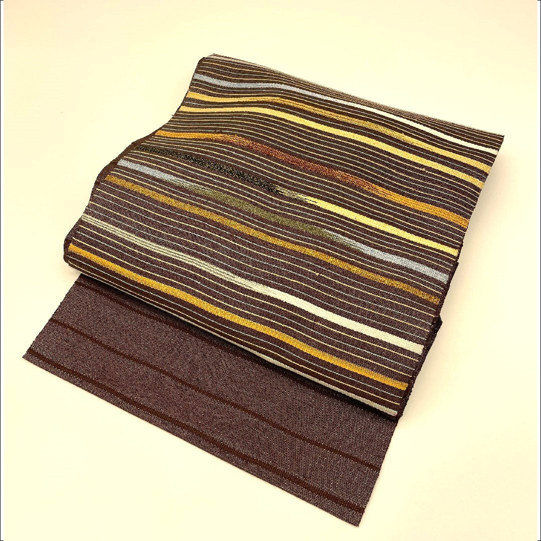 名古屋帯 横段模様 帯丈394cm 正絹 Aランク ポイント柄 カジュアル 茶系 1124000303314 松葉仕立て