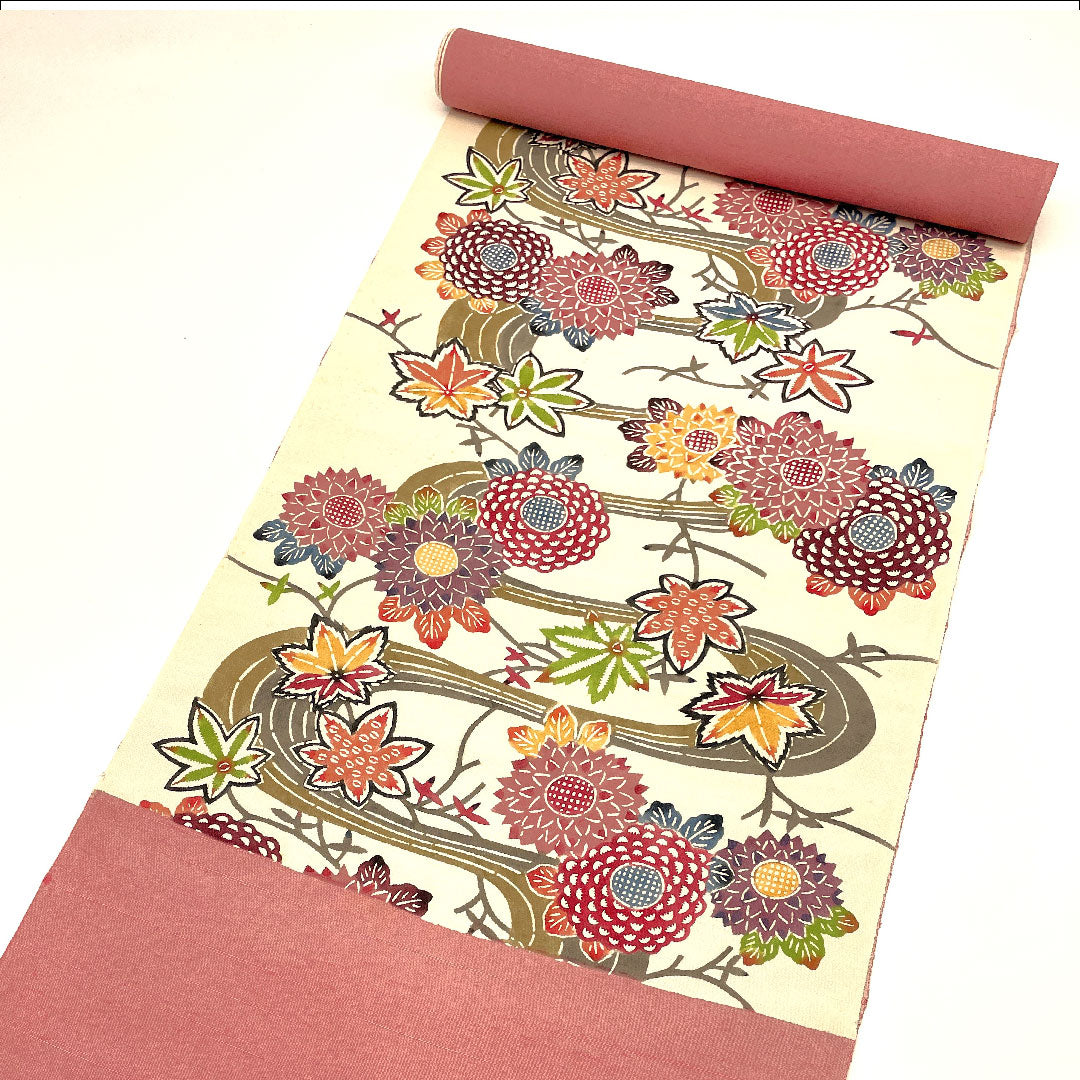 (未仕立)名古屋帯 京紅型 流水 紅葉 菊 帯丈390cm 正絹 Aランク 六通 カジュアル 白系 1124000683311