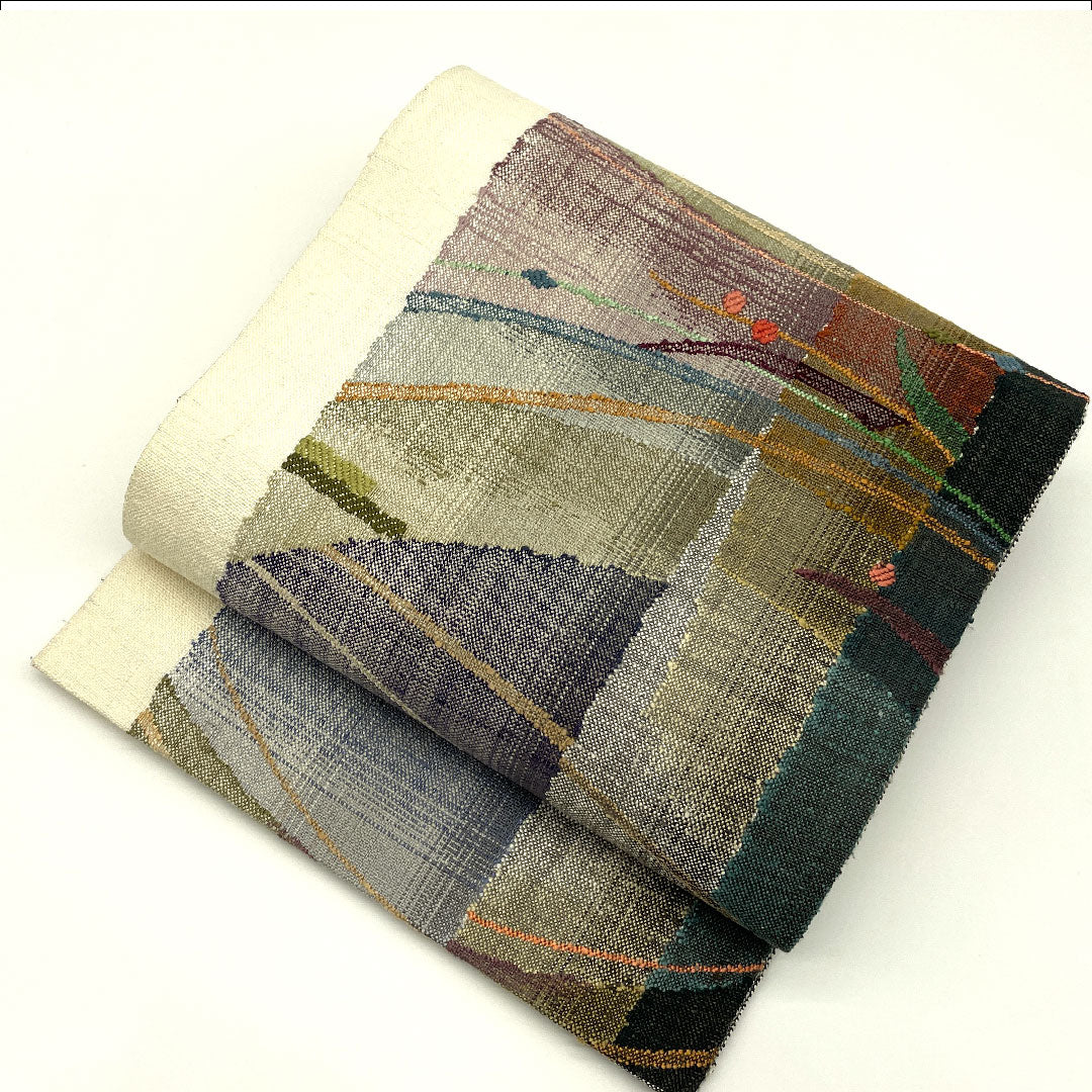 名古屋帯 渡文製 手織り真綿紬 露芝模様 帯丈360cm 正絹 Aランク 全通 カジュアル クリーム系 1124000364315 名古屋仕立て