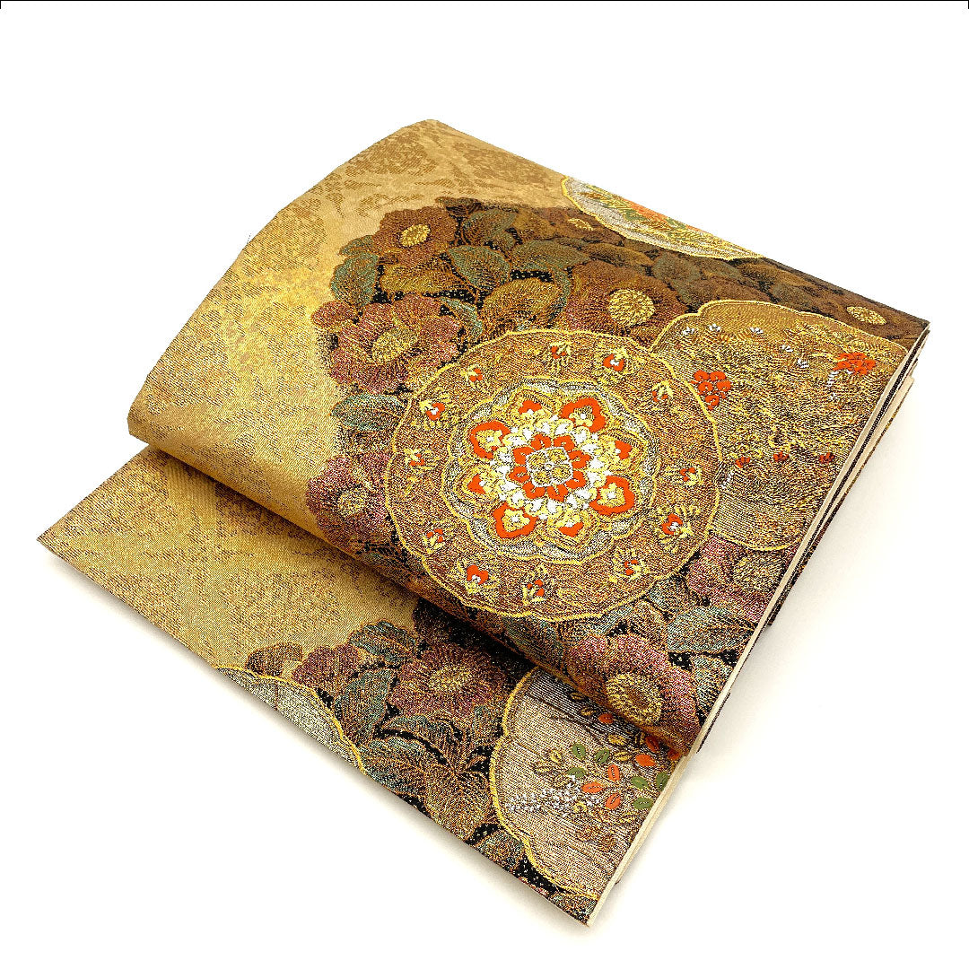 袋帯 華飾流堆朱文 帯丈423cm 正絹 Sランク 六通 フォーマル 金系 1123001952321