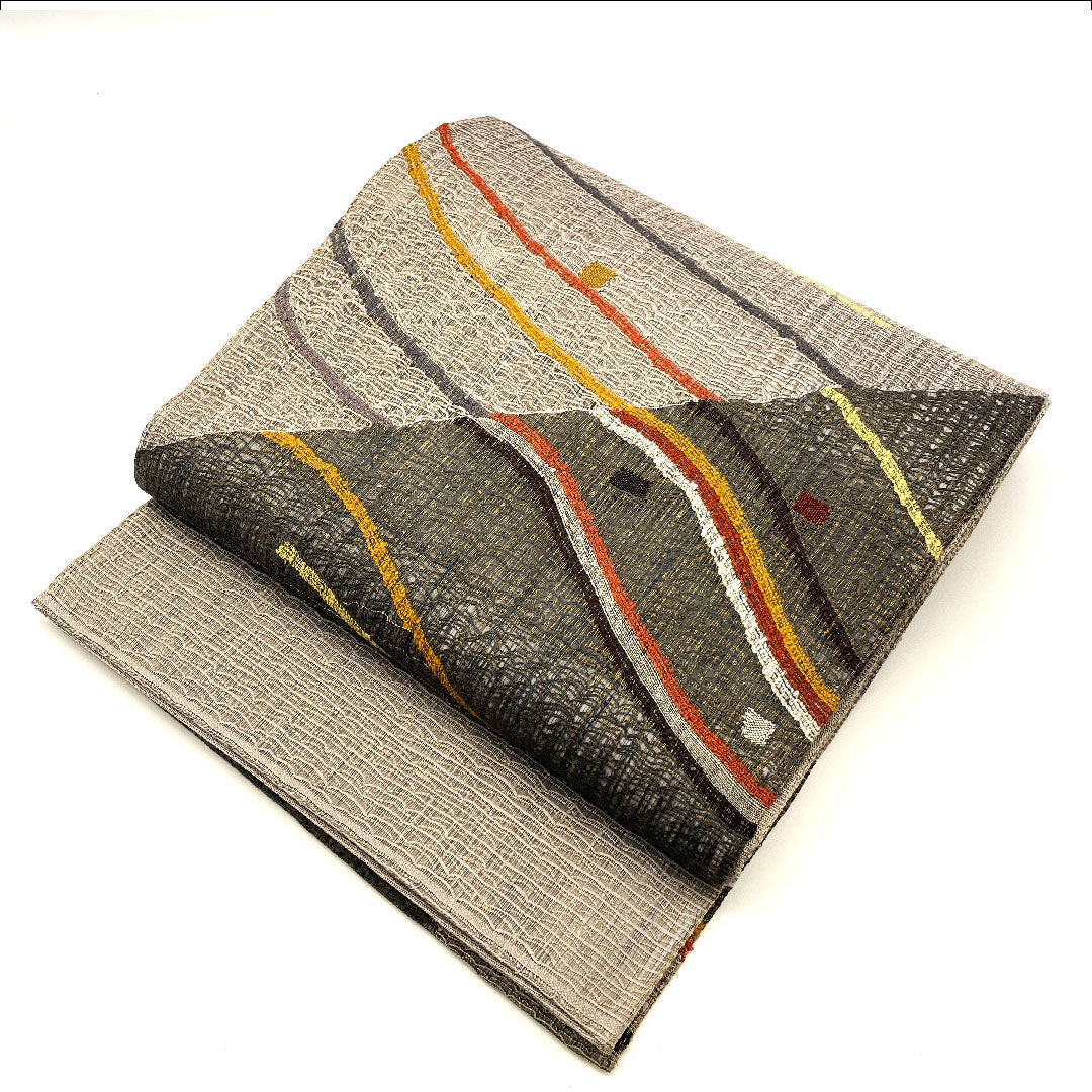 袋帯 すくい織り 幾何学模様 単衣 帯丈453cm 正絹 Sランク ポイント柄 カジュアル グレー系 1123001852422