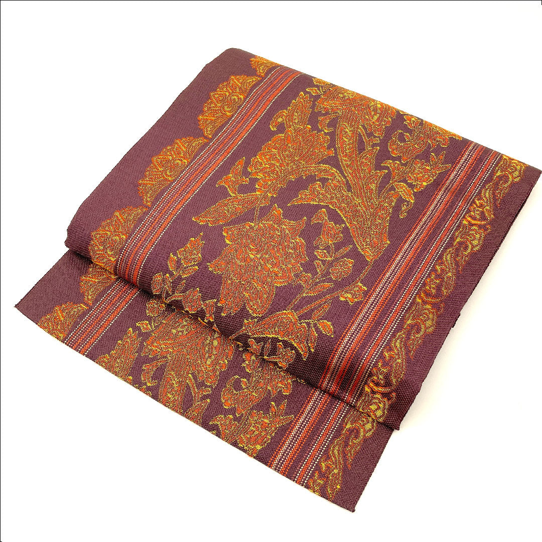 名古屋帯 更紗模様 帯丈359cm 正絹 Sランク 六通 カジュアル 紫系 1124001182320 名古屋仕立て