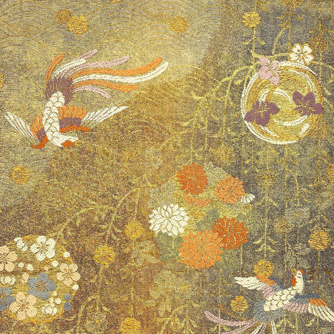 袋帯 尾長鳥 花 帯丈423cm 正絹 Sランク 六通 フォーマル 金系 1123002232321