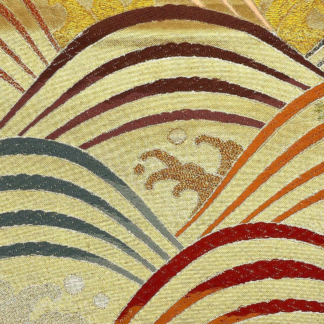 袋帯 波模様 カラフル 帯丈434cm 正絹 Sランク 六通 フォーマル 金系 1123001742321